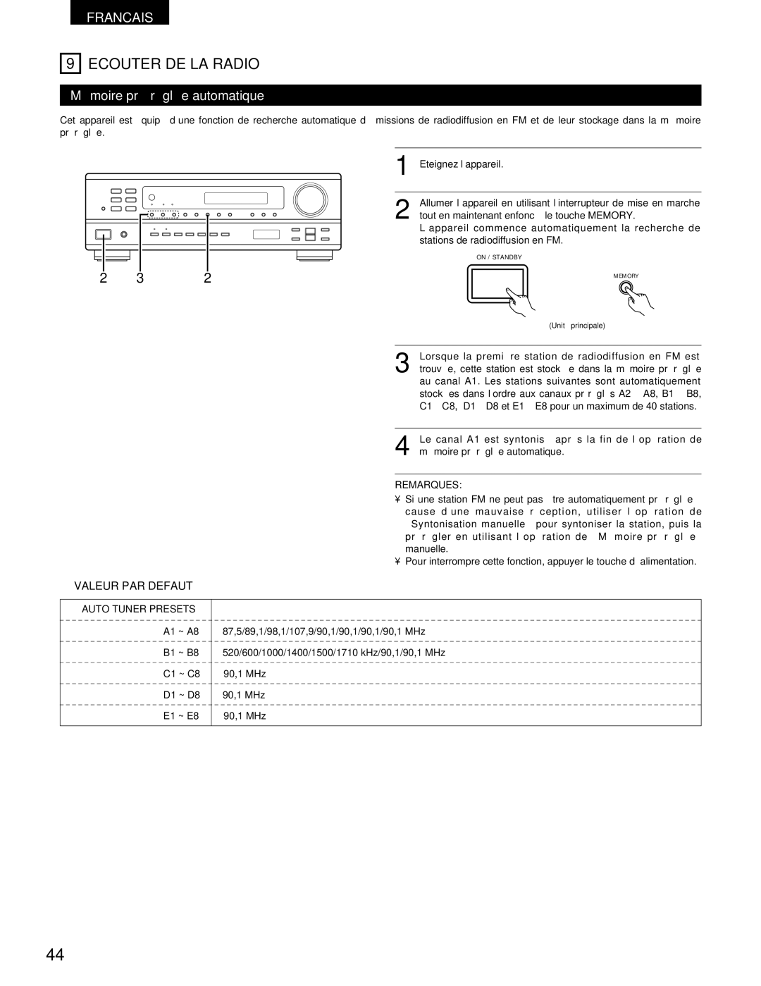 Denon DRA-395 manual Ecouter DE LA Radio, Mémoire préréglée automatique 