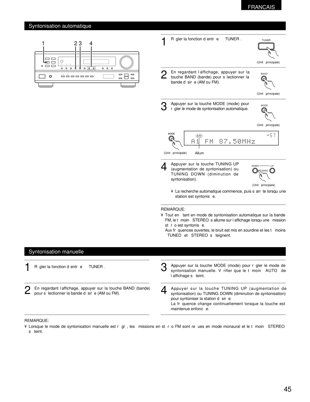 Denon DRA-395 manual Syntonisation automatique, Syntonisation manuelle, Allumé 