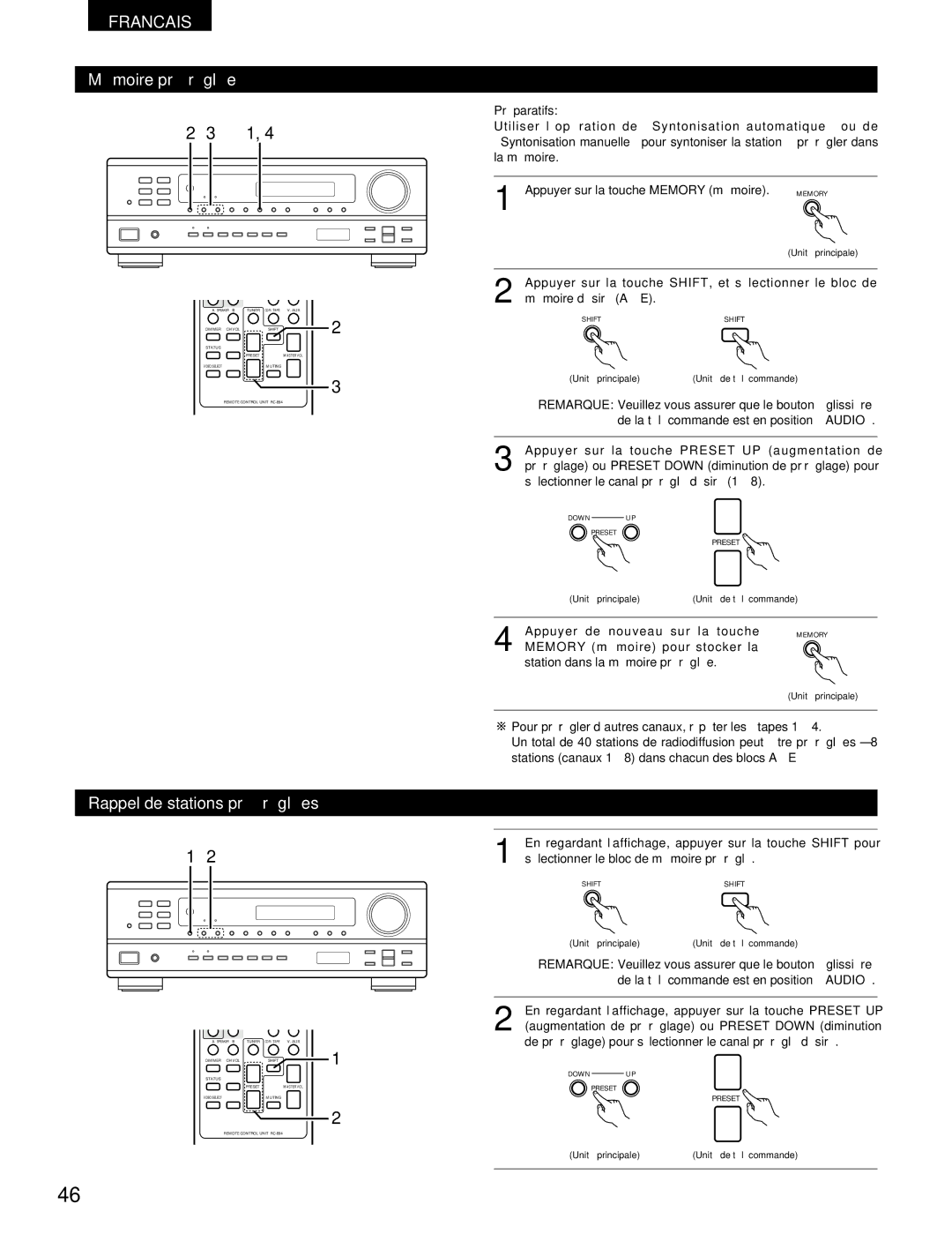 Denon DRA-395 manual Mémoire préréglée, Rappel de stations préréglées 