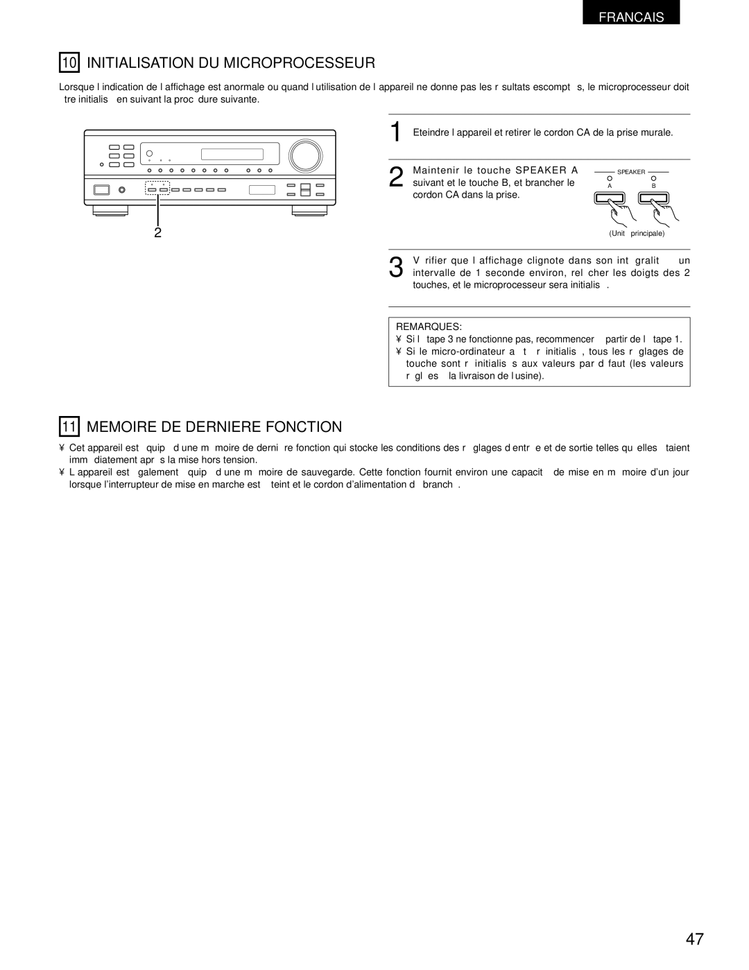 Denon DRA-395 manual Initialisation DU Microprocesseur, Memoire DE Derniere Fonction 