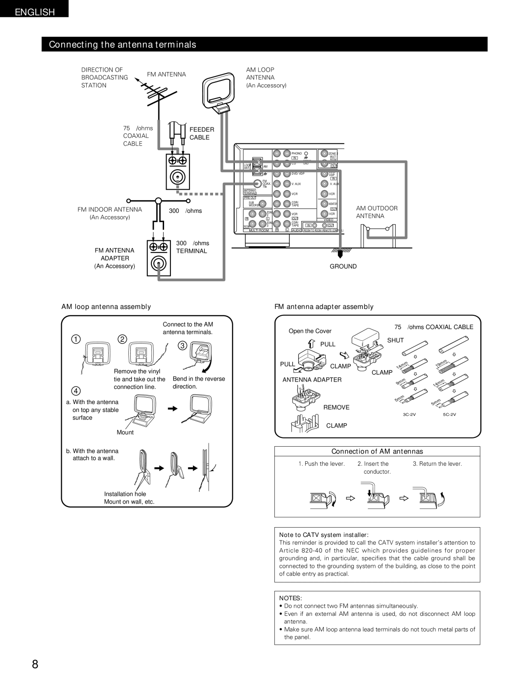 Denon DRA-395 manual Connecting the antenna terminals, AM loop antenna assembly, FM antenna adapter assembly 