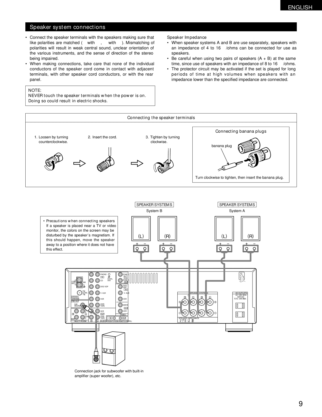 Denon DRA-395 Speaker system connections, Connecting the speaker terminals, Connecting banana plugs, System B, System a 