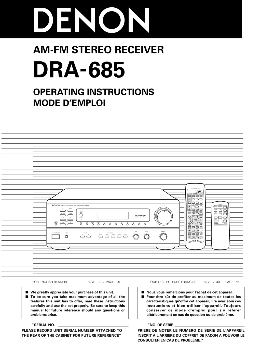 Denon DRA-685 manual Nous vous remercions pour l’achat de cet appareil 