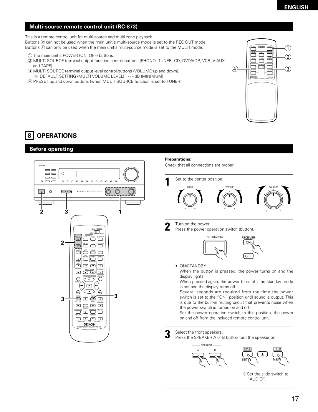 Denon DRA-685 manual Operations, Multi-source remote control unit RC-873, Before operating, Preparations, On/Standby 