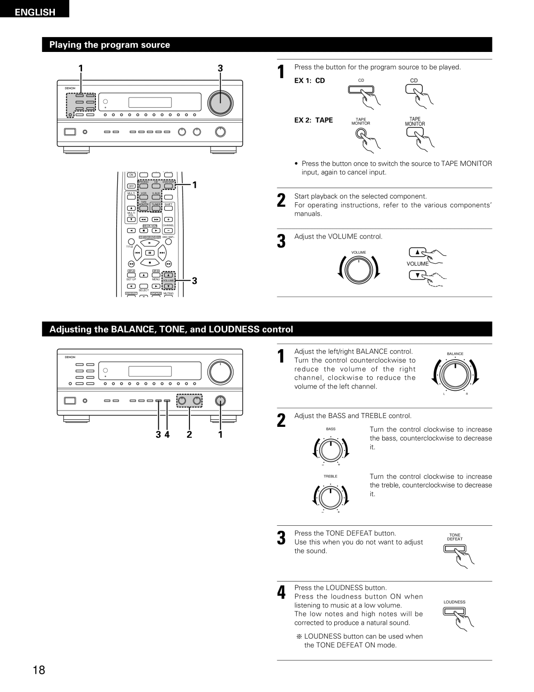 Denon DRA-685 manual Playing the program source, Adjusting the BALANCE, TONE, and Loudness control, EX 1 CD 