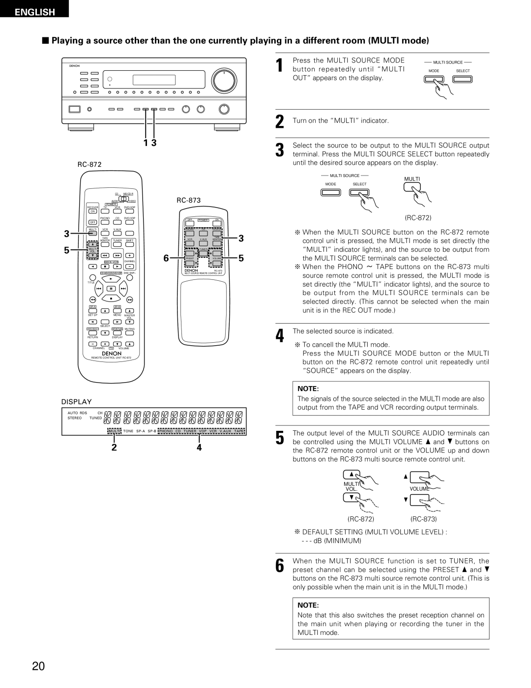 Denon DRA-685 manual RC-873, Default Setting Multi Volume Level 