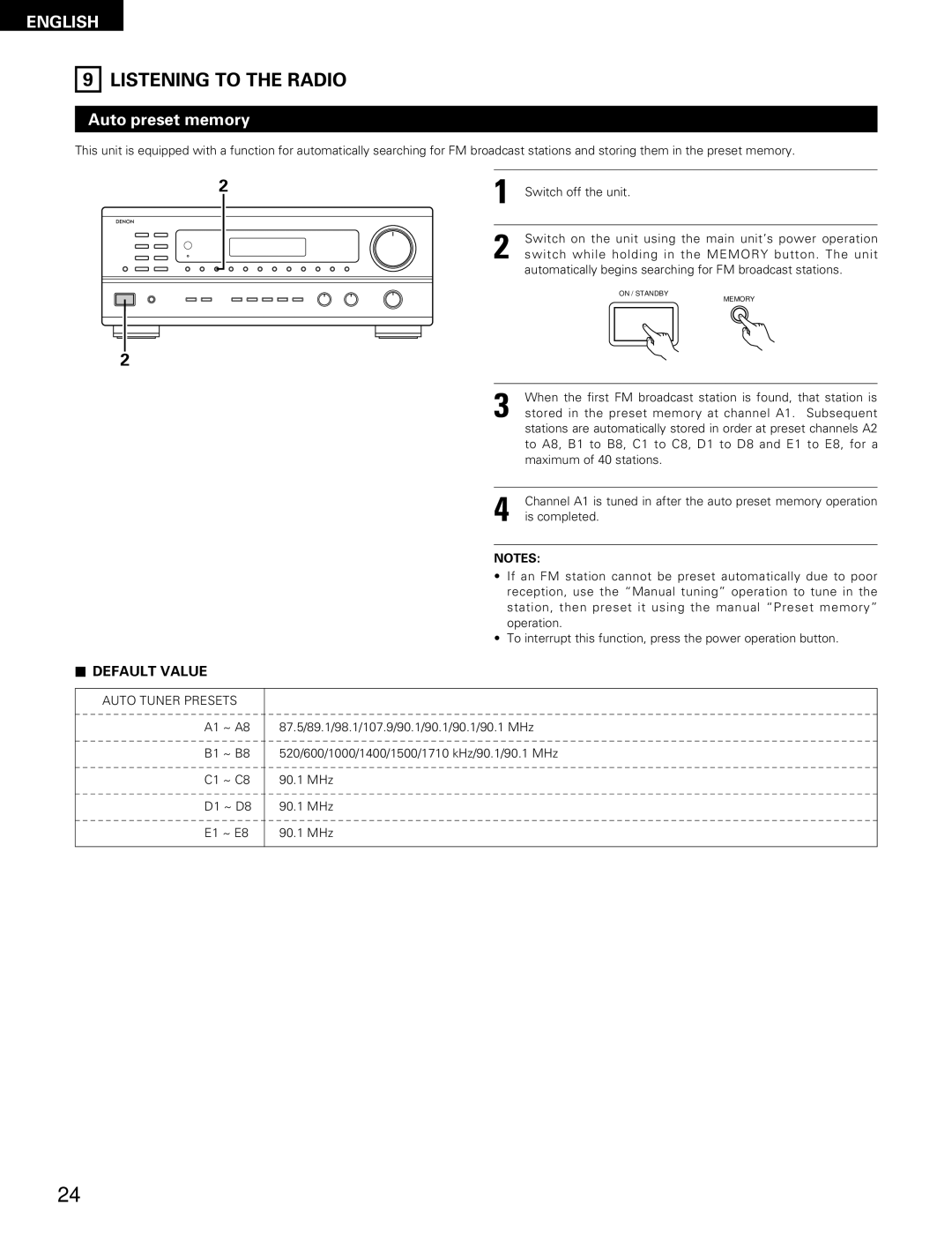 Denon DRA-685 manual Listening to the Radio, Auto preset memory 