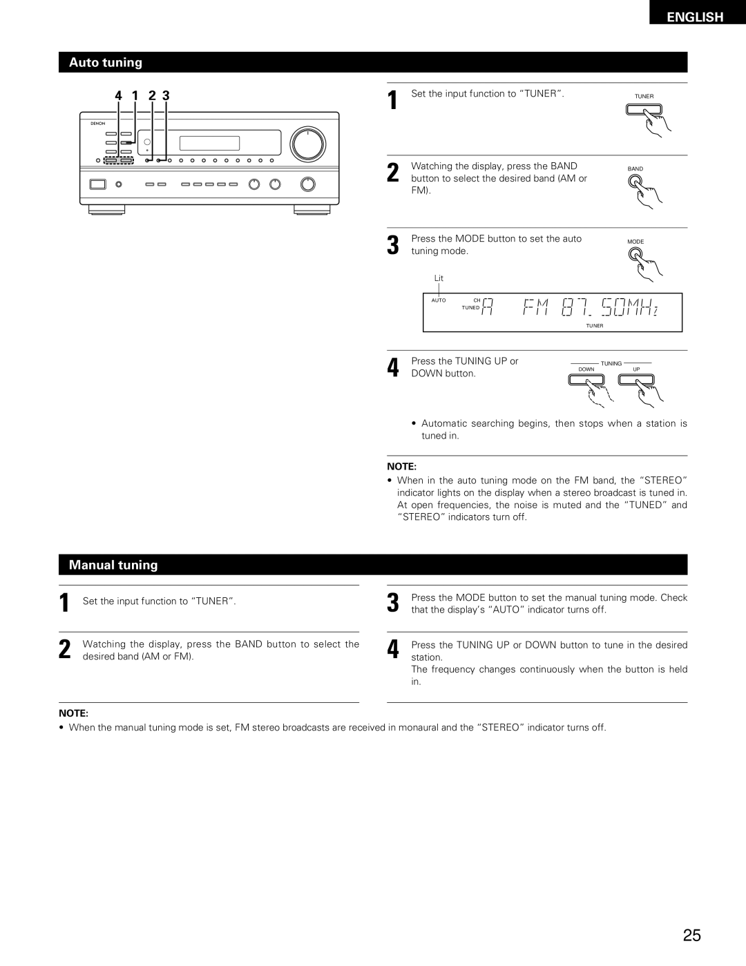 Denon DRA-685 manual Auto tuning, Manual tuning 