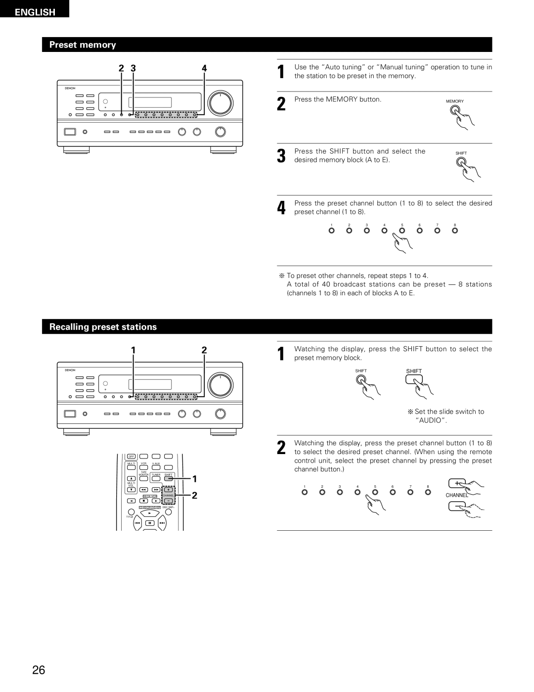 Denon DRA-685 manual Preset memory Recalling preset stations 