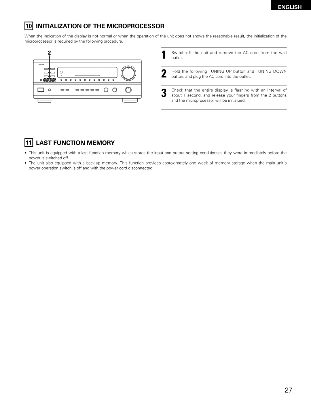 Denon DRA-685 manual Initialization of the Microprocessor, Last Function Memory 