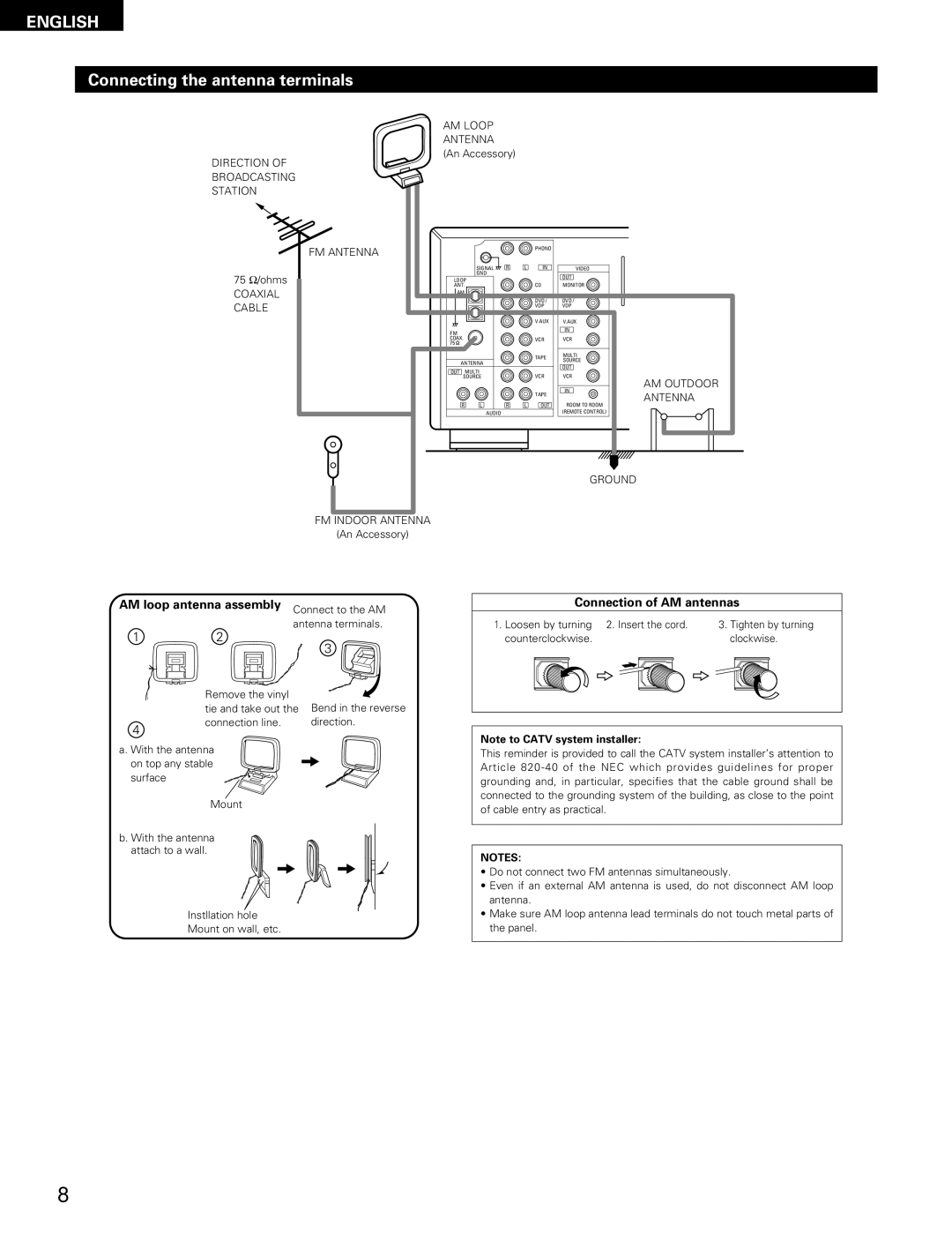 Denon DRA-685 manual Connecting the antenna terminals, Connection of AM antennas 