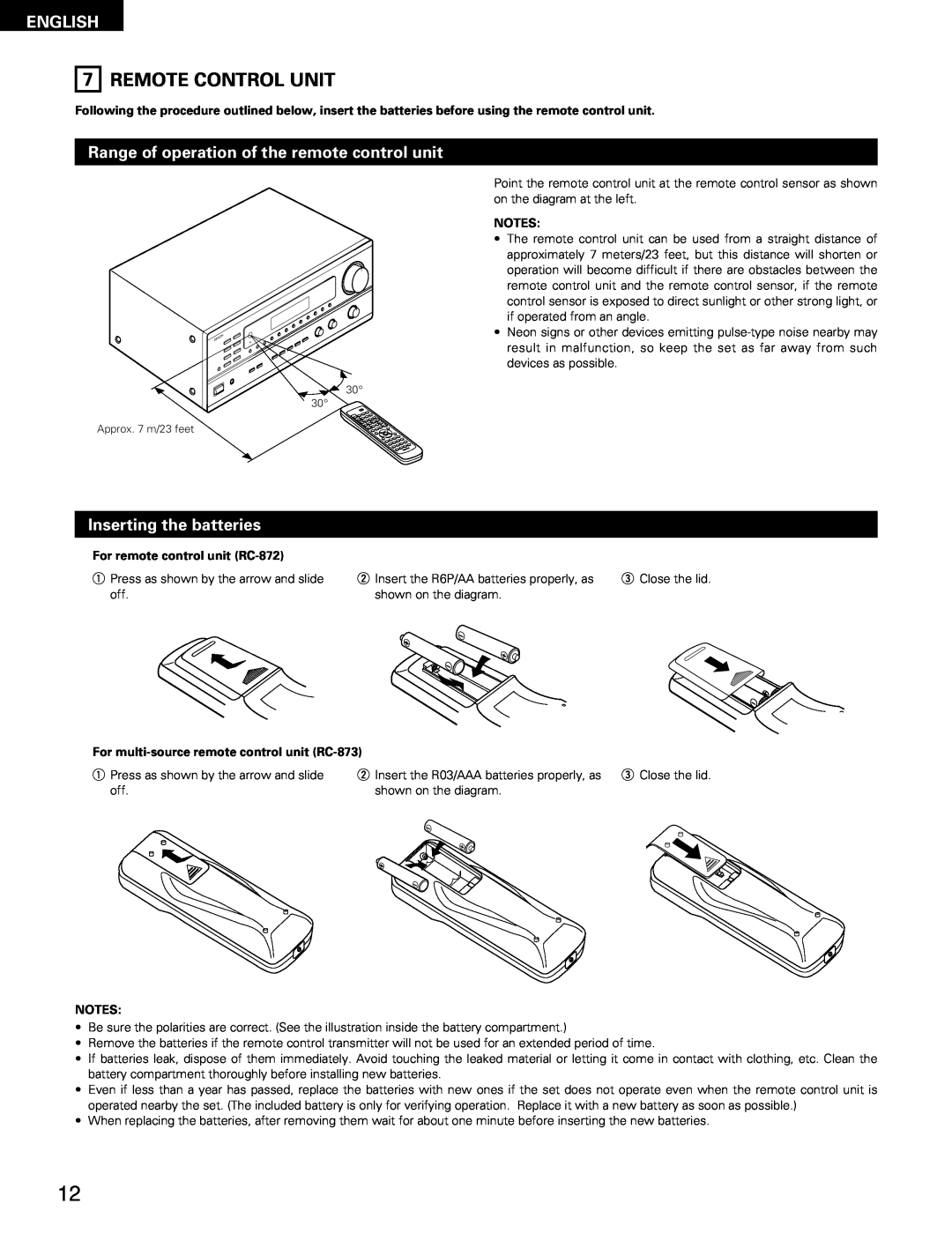 Denon DRA-685 manual Remote Control Unit, Range of operation of the remote control unit, Inserting the batteries, English 