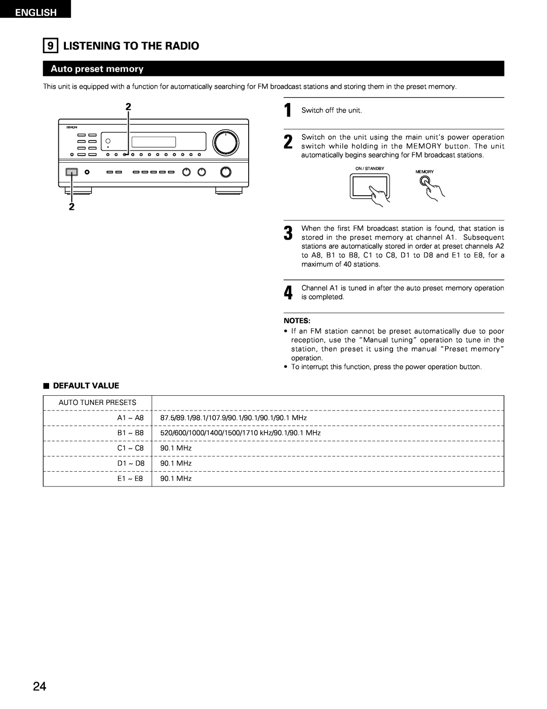 Denon DRA-685 manual Listening To The Radio, Auto preset memory, 2DEFAULT VALUE, English 