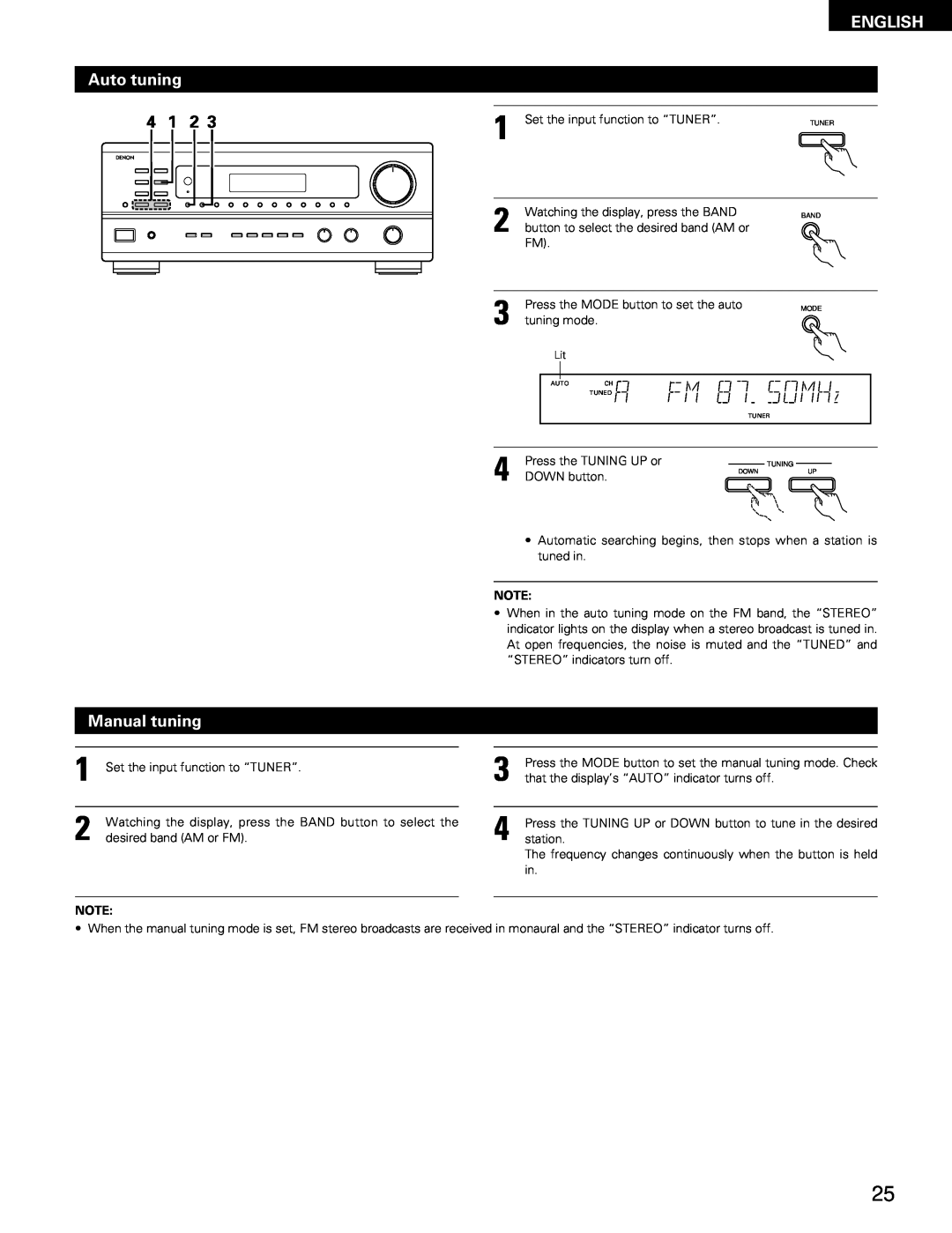 Denon DRA-685 manual Auto tuning, Manual tuning, English 