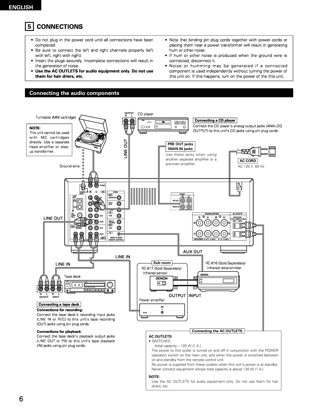 Denon DRA-685 manual Connections, Connecting the audio components, English 