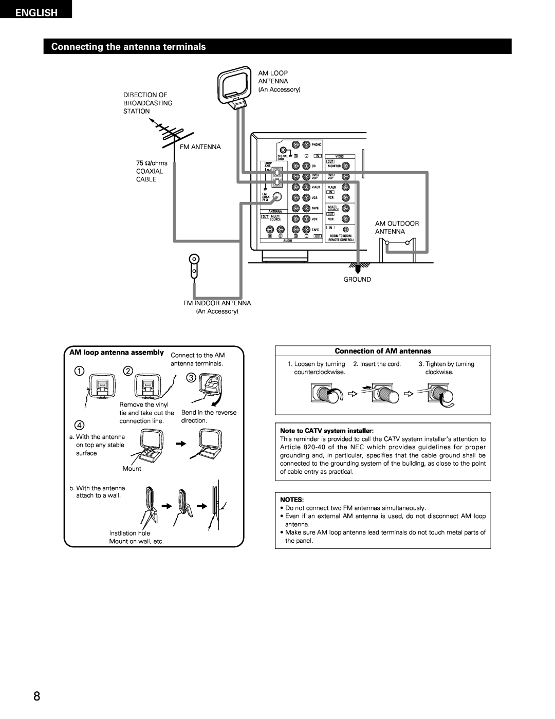 Denon DRA-685 manual ENGLISH Connecting the antenna terminals, Connection of AM antennas, AM loop antenna assembly 