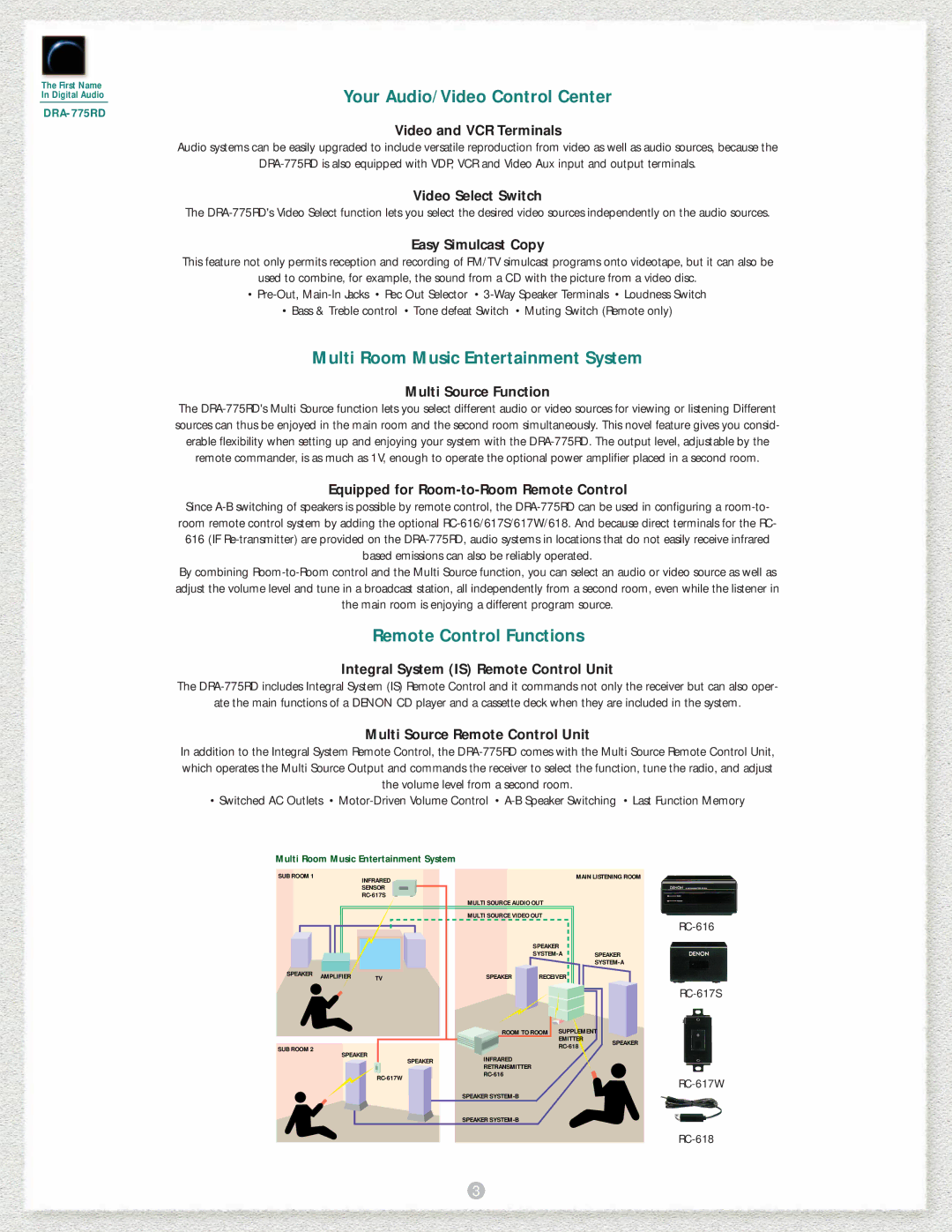 Denon DRA-775RD manual Your Audio/Video Control Center, Multi Room Music Entertainment System, Remote Control Functions 