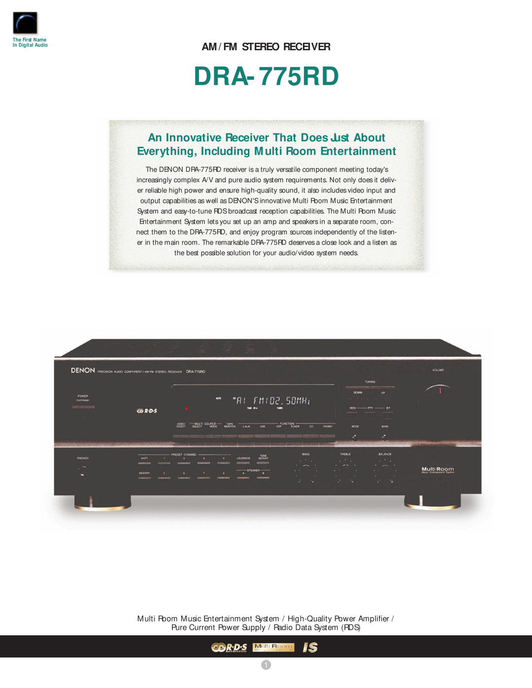 Denon DRA-775RD manual Am/Fm Stereo Receiver, Pure Current Power Supply / Radio Data System RDS 