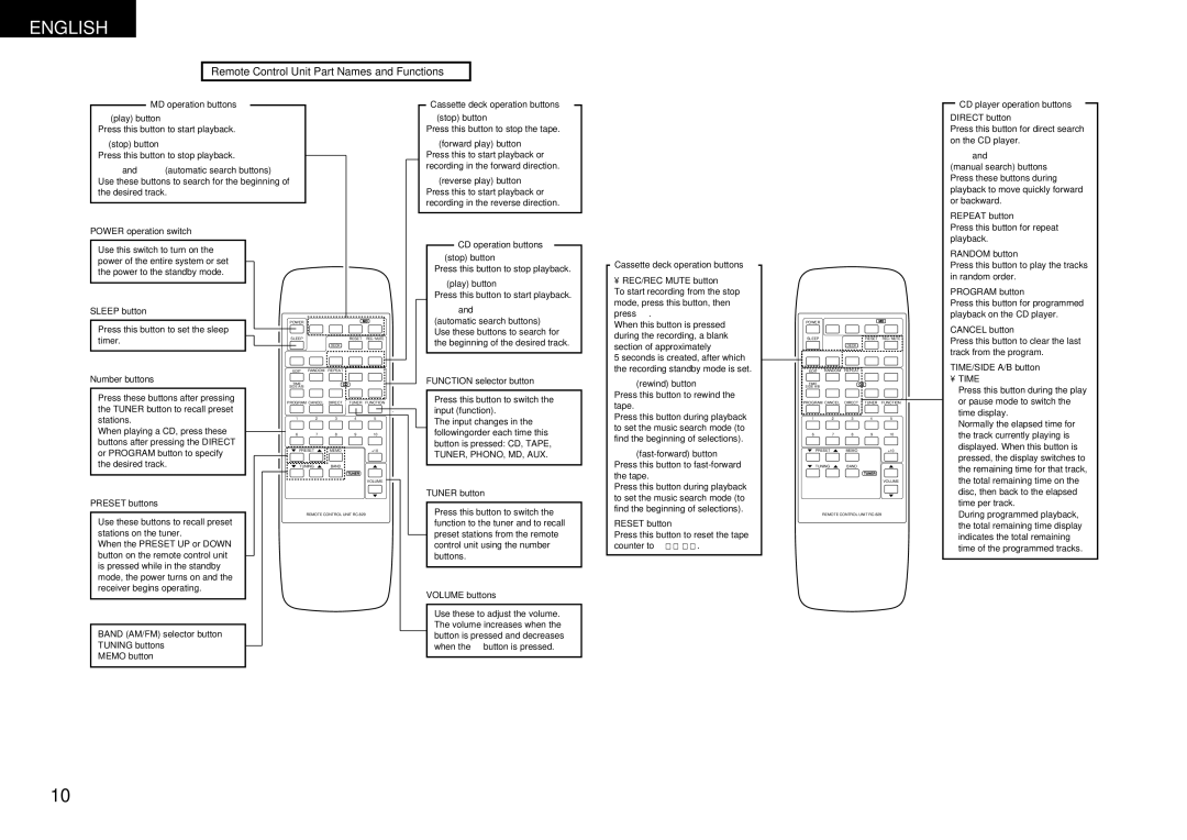 Denon DRA-F100, DCD-F100 manual Remote Control Unit Part Names and Functions, Time 