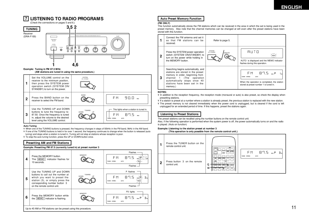 Denon DCD-F100, DRA-F100 Listening to Radio Programs, Auto Preset Memory Function, Tuning, Listening to Preset Stations 