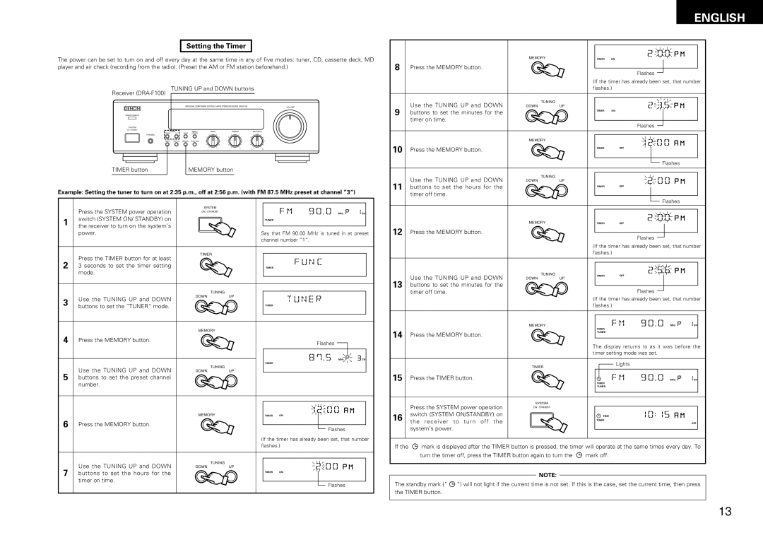 Denon DCD-F100, DRA-F100 manual Setting the Timer 