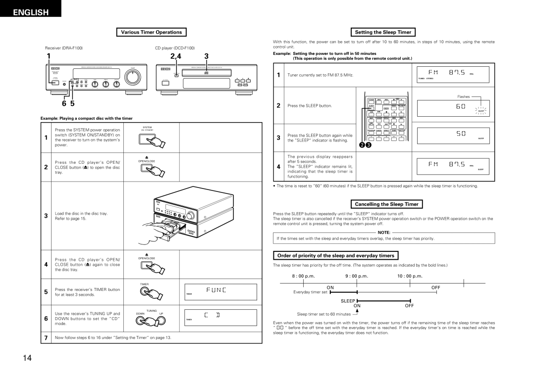 Denon DRA-F100, DCD-F100 manual Various Timer Operations, Setting the Sleep Timer, Cancelling the Sleep Timer 