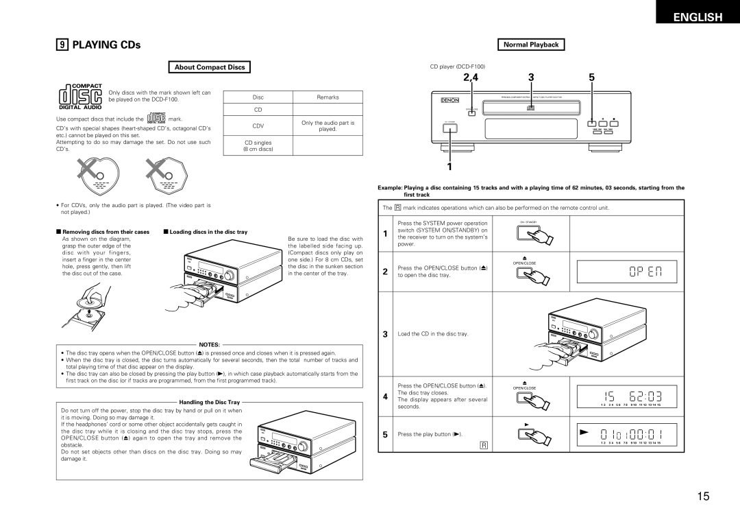 Denon DCD-F100, DRA-F100 manual About Compact Discs, Normal Playback, Mark, Press the OPEN/CLOSE button 