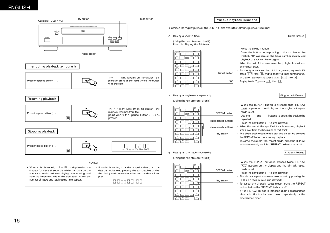 Denon DRA-F100 manual Various Playback Functions, Interrupting playback temporarily, Resuming playback, Stopping playback 