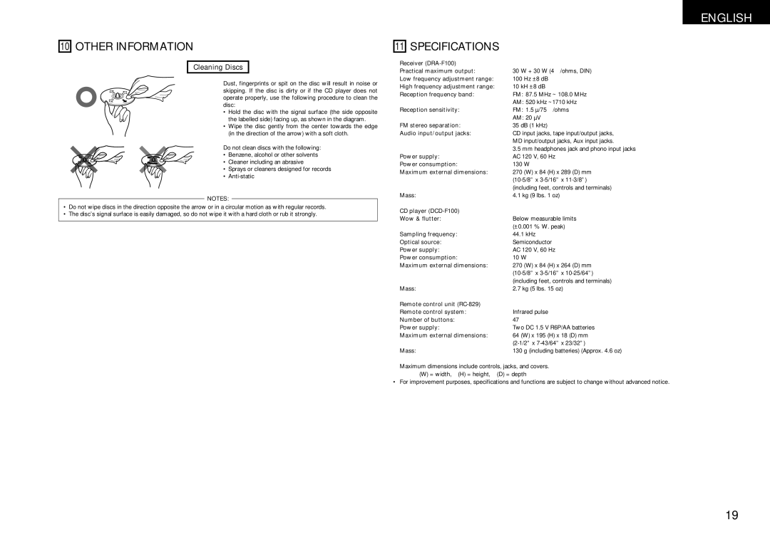 Denon DCD-F100, DRA-F100 manual Other Information, Specifications, Cleaning Discs 