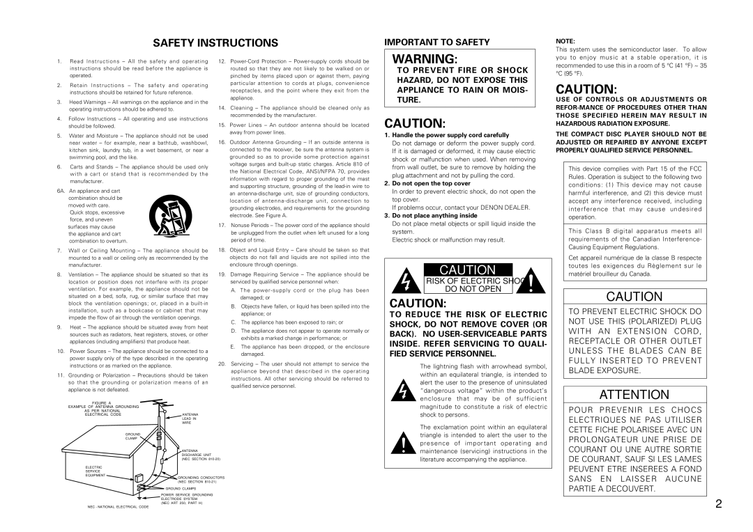 Denon DRA-F100, DCD-F100 manual Safety Instructions, Handle the power supply cord carefully, Do not open the top cover 