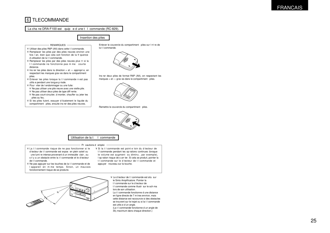 Denon DCD-F100, DRA-F100 manual Tlecommande, Utilisation de la télécommande, Précautions d’emploi 