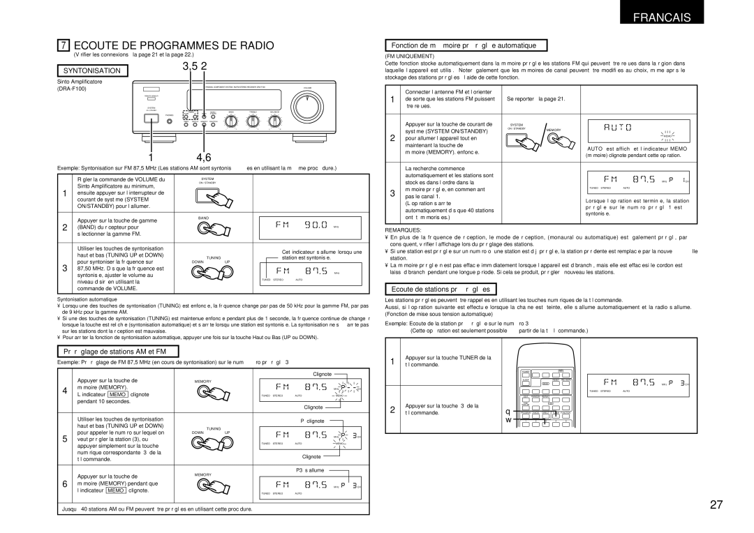 Denon DCD-F100, DRA-F100 manual Ecoute DE Programmes DE Radio, Fonction de mémoire préréglée automatique, Syntonisation 