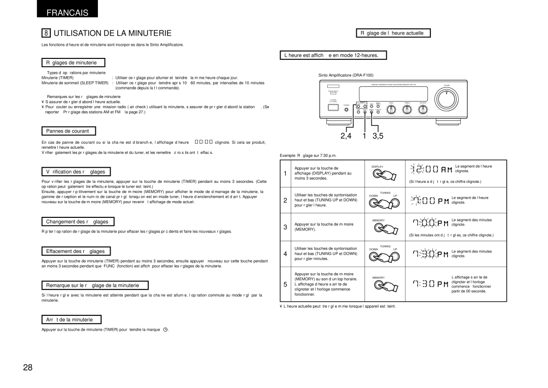 Denon DRA-F100, DCD-F100 manual Utilisation DE LA Minuterie 