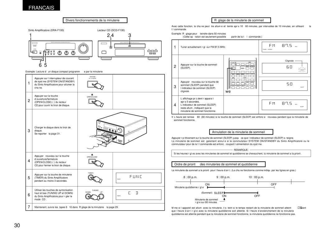 Denon DRA-F100, DCD-F100 manual Divers fonctionnements de la minuterie, Réglage de la minuterie de sommeil, 00 p.m 10 00 p.m 