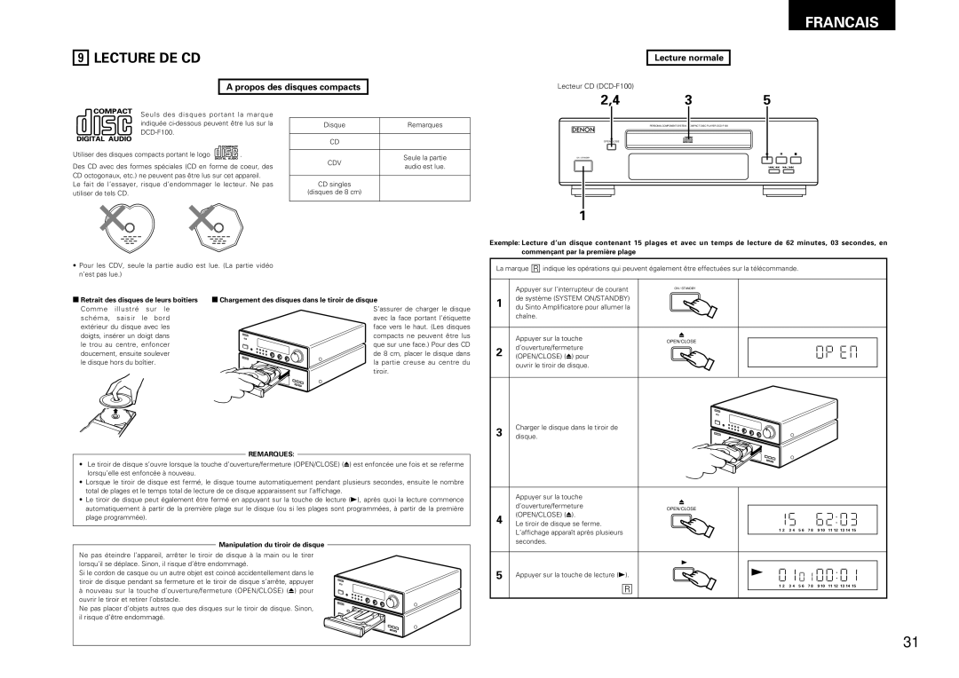 Denon DRA-F100 manual Lecture DE CD, Propos des disques compacts, Lecture normale, Lecteur CD DCD-F100 