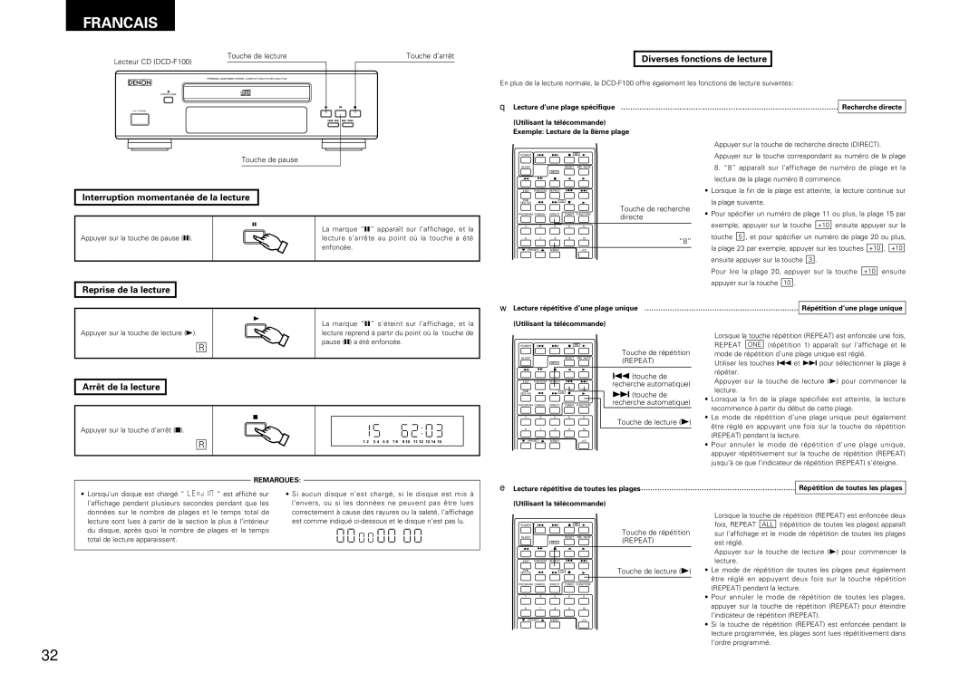 Denon DRA-F100 manual Diverses fonctions de lecture, Interruption momentanée de la lecture, Reprise de la lecture, Repeat 