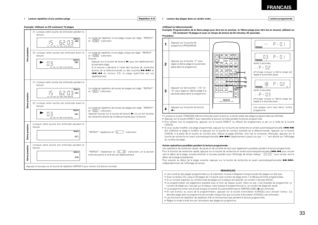 Denon DCD-F100, DRA-F100 manual Ère, Ème Pression, Autres opérations possibles pendant la lecture programmée 