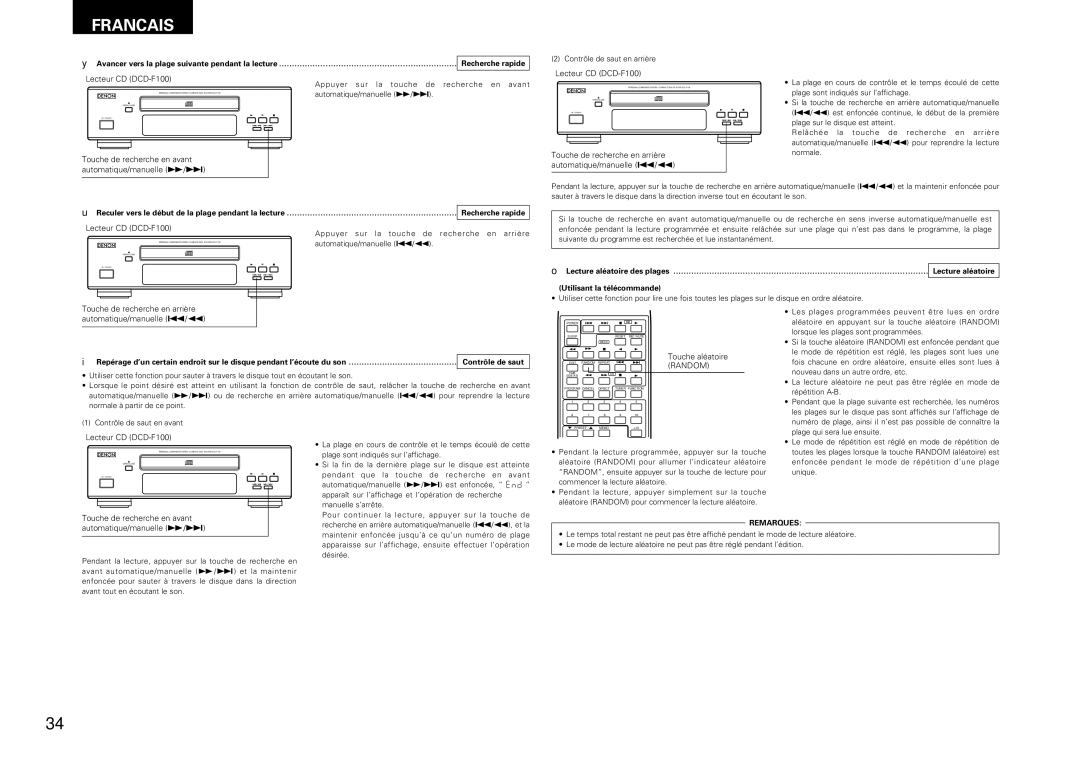 Denon DRA-F100, DCD-F100 manual Touche de recherche en avant Automatique/manuelle 7/9, Touche aléatoire, Random 