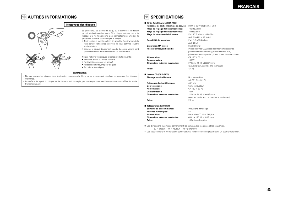 Denon DCD-F100, DRA-F100 manual Autres Informations, Nettoyage des disques 