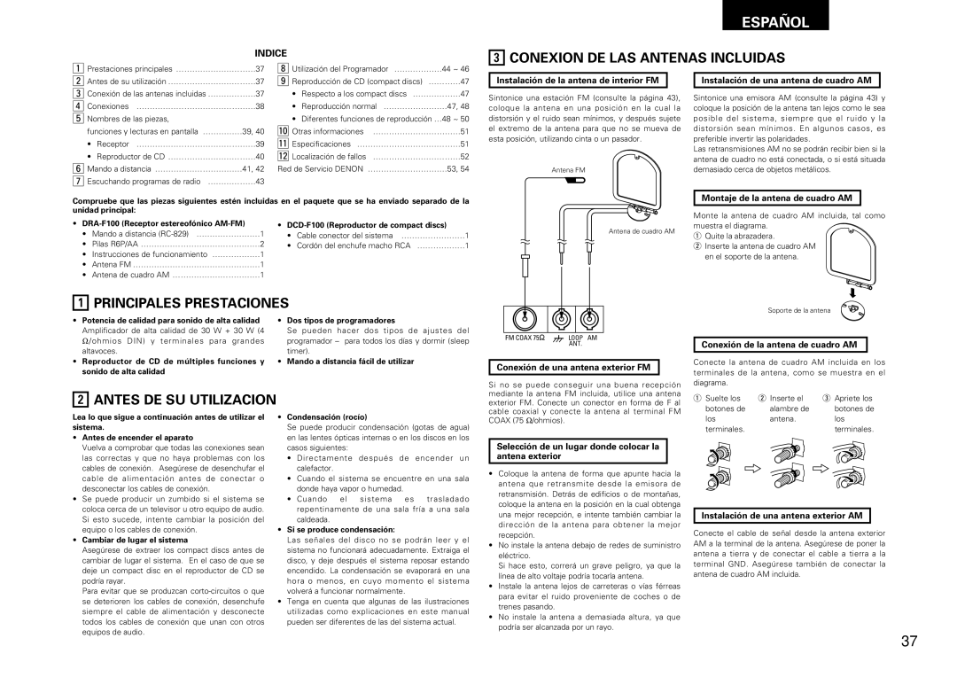 Denon DCD-F100, DRA-F100 manual Conexion DE LAS Antenas Incluidas, Principales Prestaciones, Antes DE SU Utilizacion 