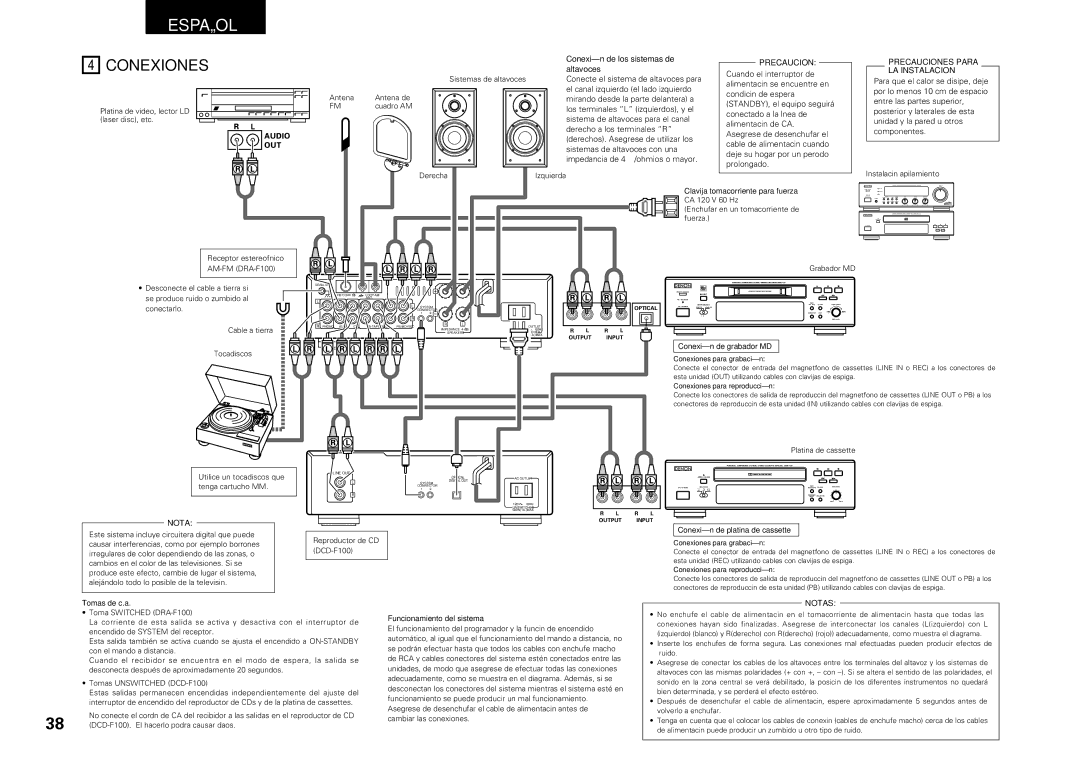 Denon DRA-F100, DCD-F100 manual Conexiones, Precaucion Precauciones Para, LA Instalacion, Notas 