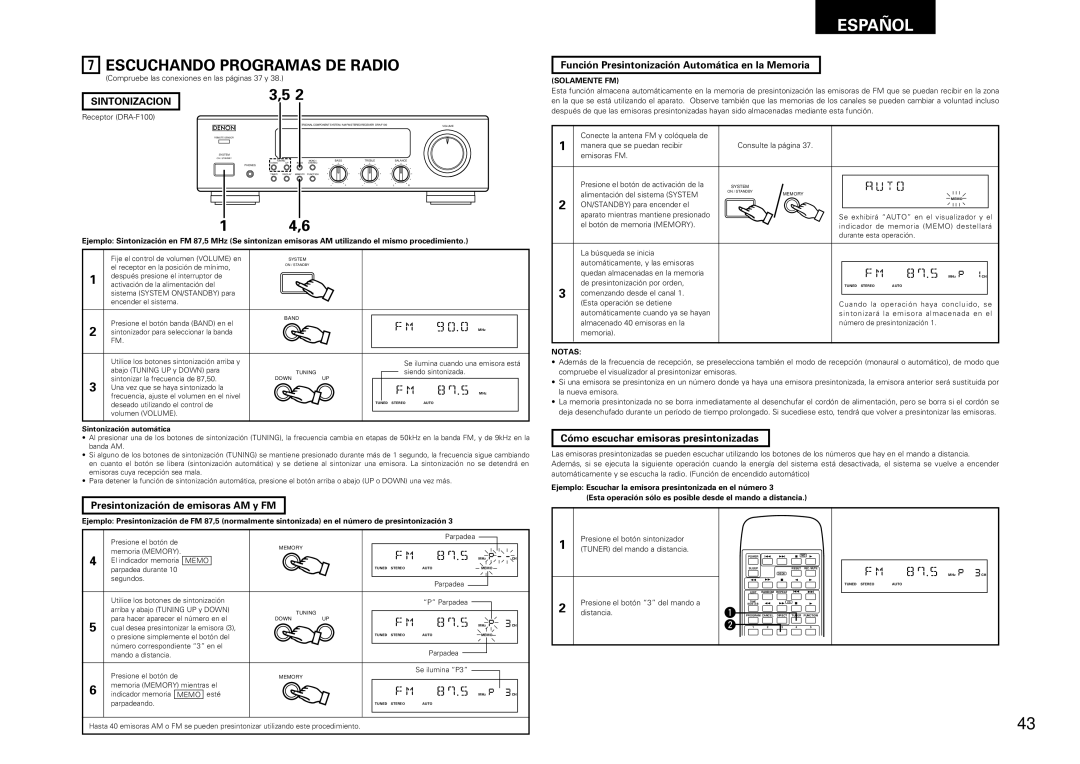 Denon DCD-F100, DRA-F100 Escuchando Programas DE Radio, Función Presintonización Automática en la Memoria, Sintonizacion 