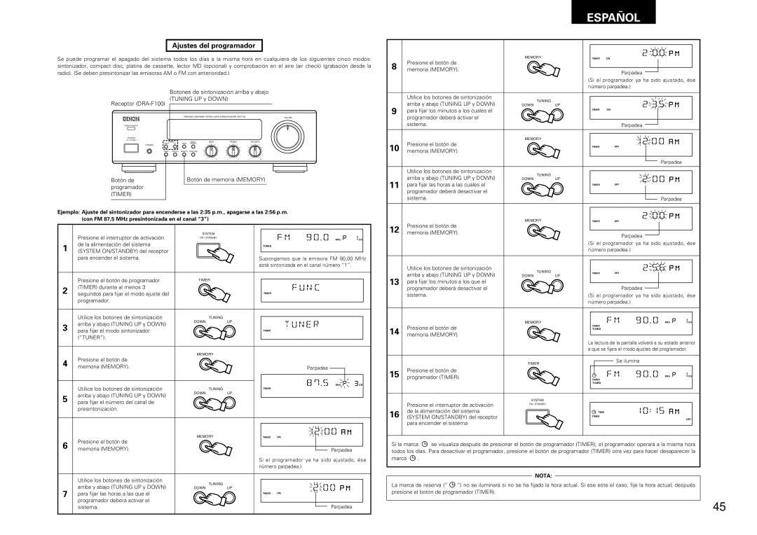 Denon DCD-F100, DRA-F100 manual Botones de sintonización arriba y abajo, Botón de, Programador Timer 