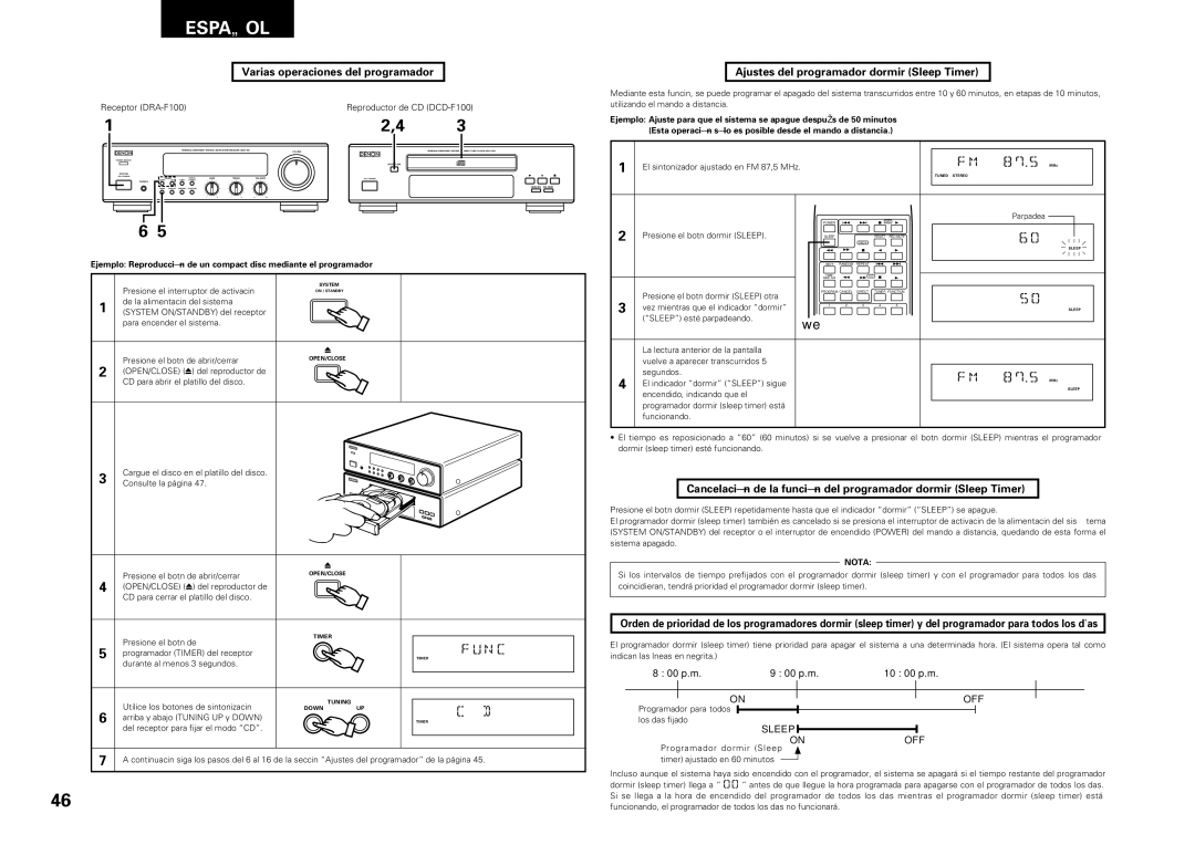 Denon DRA-F100 Varias operaciones del programador, Ajustes del programador dormir Sleep Timer, Reproductor de CD DCD-F100 