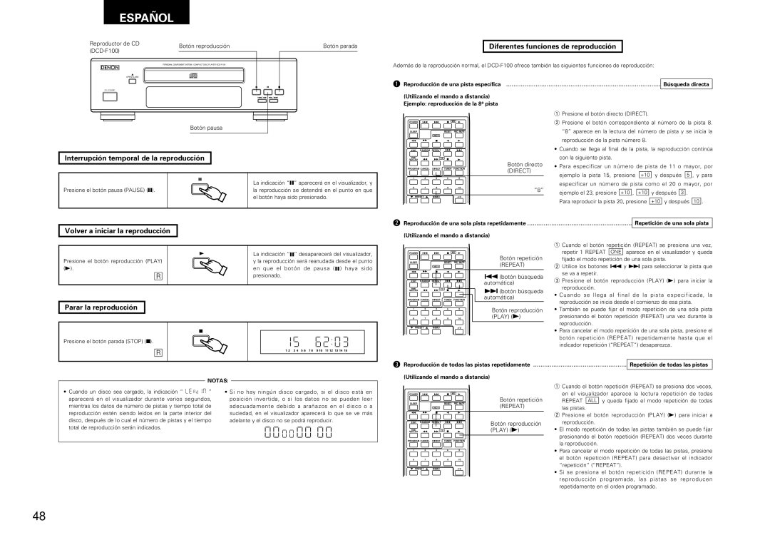 Denon DRA-F100 manual Diferentes funciones de reproducción, Interrupción temporal de la reproducción, Parar la reproducción 