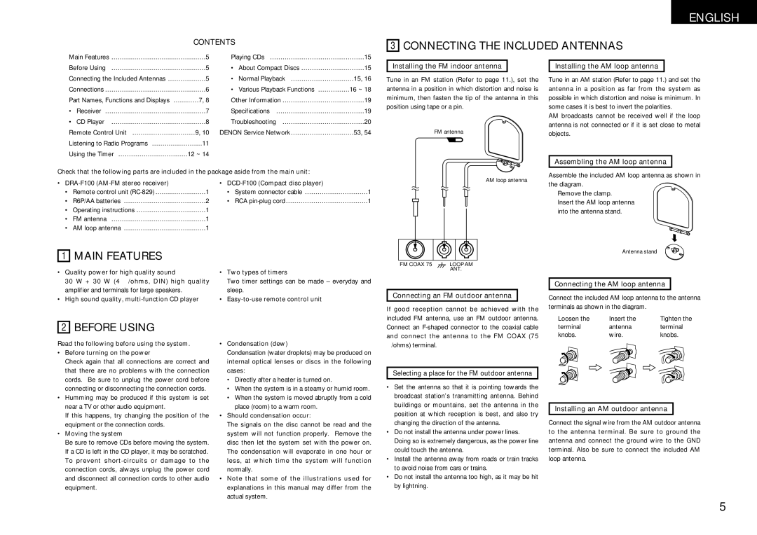 Denon DCD-F100, DRA-F100 manual Connecting the Included Antennas, Main Features, Before Using 