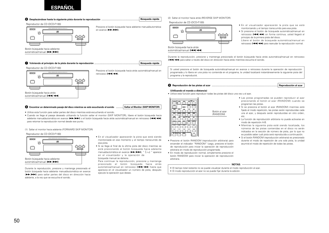 Denon DRA-F100 Botón búsqueda hacia adelante Automática/manual 7/9, Botón búsqueda hacia atrás Automática/manual 8/6 