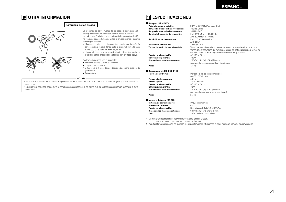 Denon DCD-F100, DRA-F100 manual Otra Informacion, Especificaciones, Limpieza de los discos 