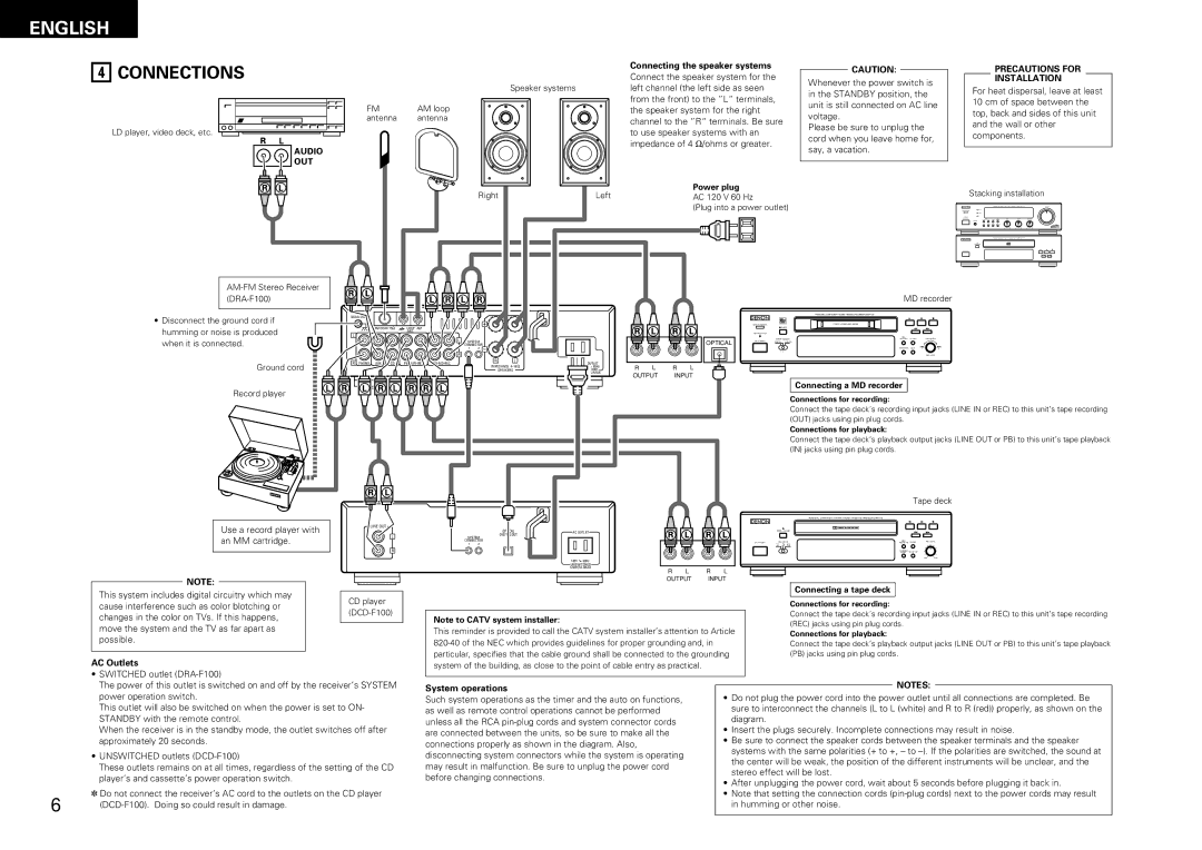 Denon DRA-F100, DCD-F100 manual Connections, Precautions for Installation, AC Outlets, System operations 