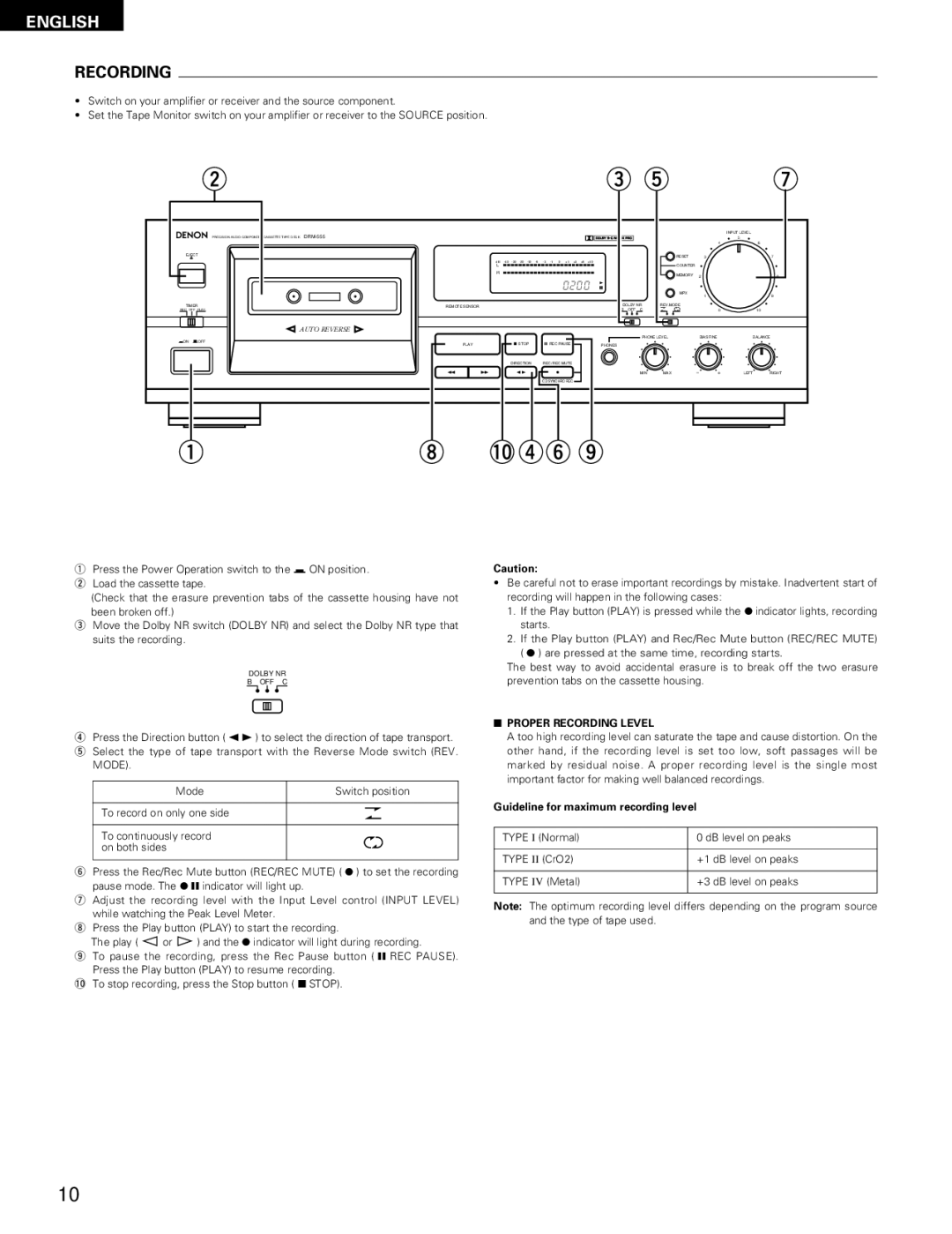 Denon DRM-555 manual Proper Recording Level, Guideline for maximum recording level 